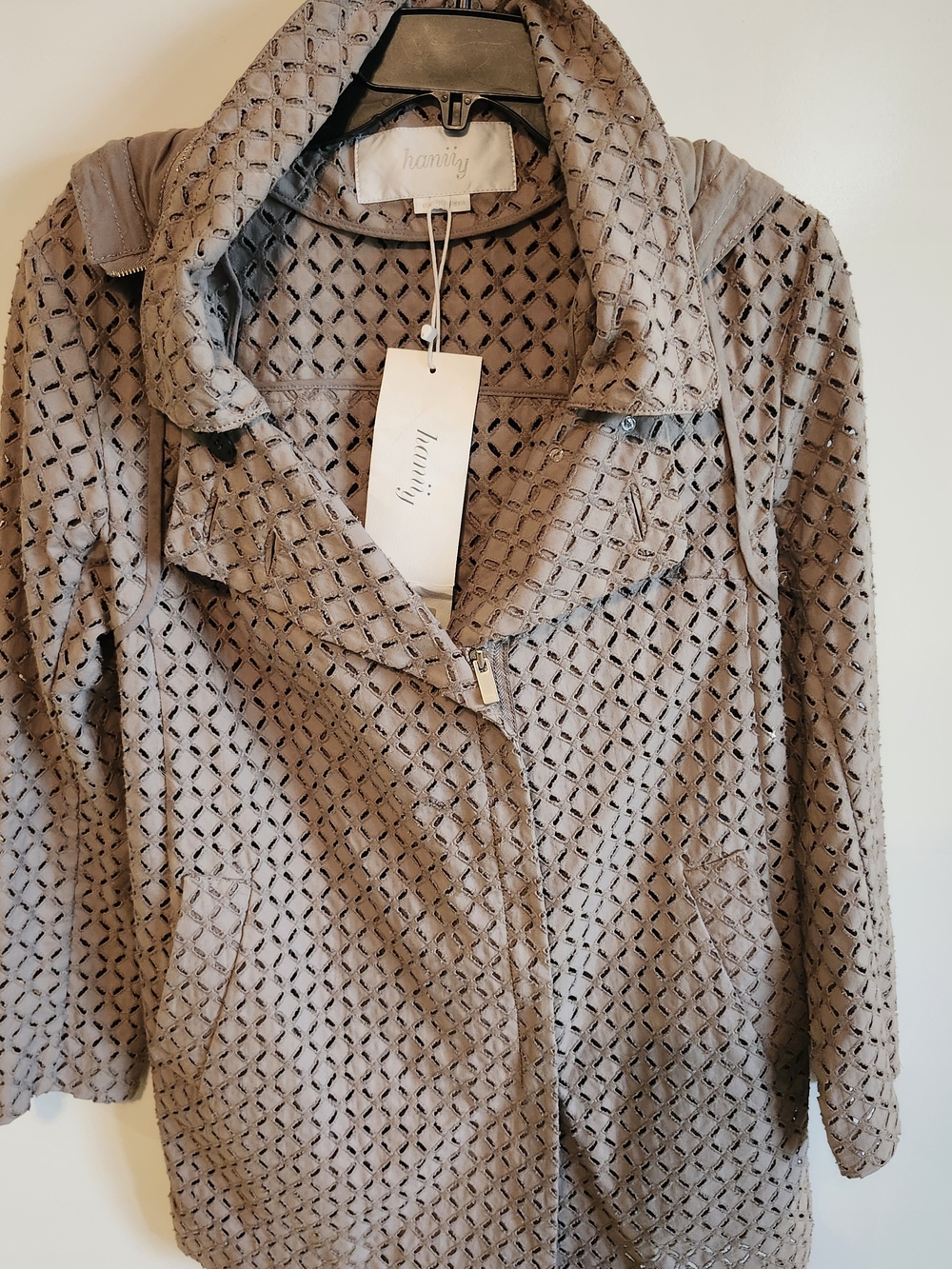 Hanii Y Taupe Laser-Cut Perforated Jean Jacket Size 40 NWT